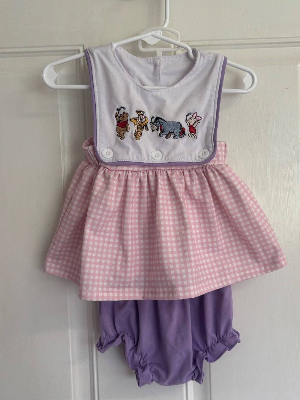 3/6M Boutique pink gingham/purple vintage-inspired pooh bear bloomer set.